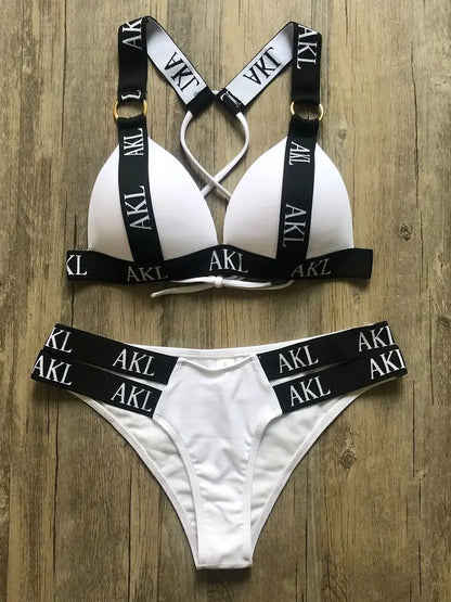 Sexy Letter prints Push up Bandage Black Swimwear Swimming bathing suit