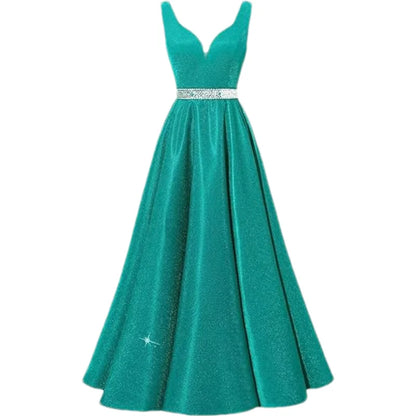 Women Glitter Satin Prom Long Corset V-Neck Beaded Belt Formal Evening Party Dress w/ Pockets