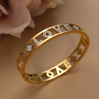 Delicate Crystal Crown LOVE Stainless Steel Gold Color Cutout Design Women's Charm Bracelet