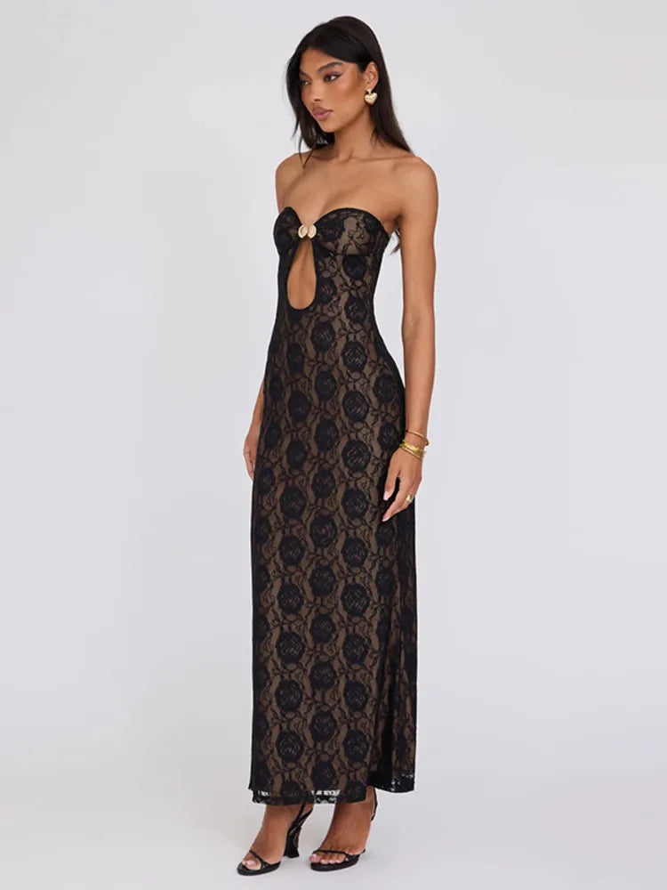 Women Hollow Out Lace Maxi Off-shoulder Strapless Sleeveless Backless Bodycon Party Long Dress