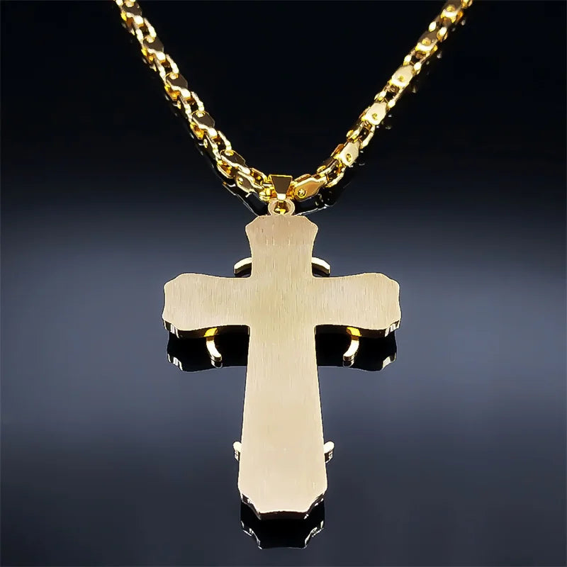 Men Big Cross Jesus Stainless Steel Gold Color Christ God Chain Necklace