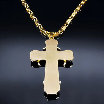Men Big Cross Jesus Stainless Steel Gold Color Christ God Chain Necklace