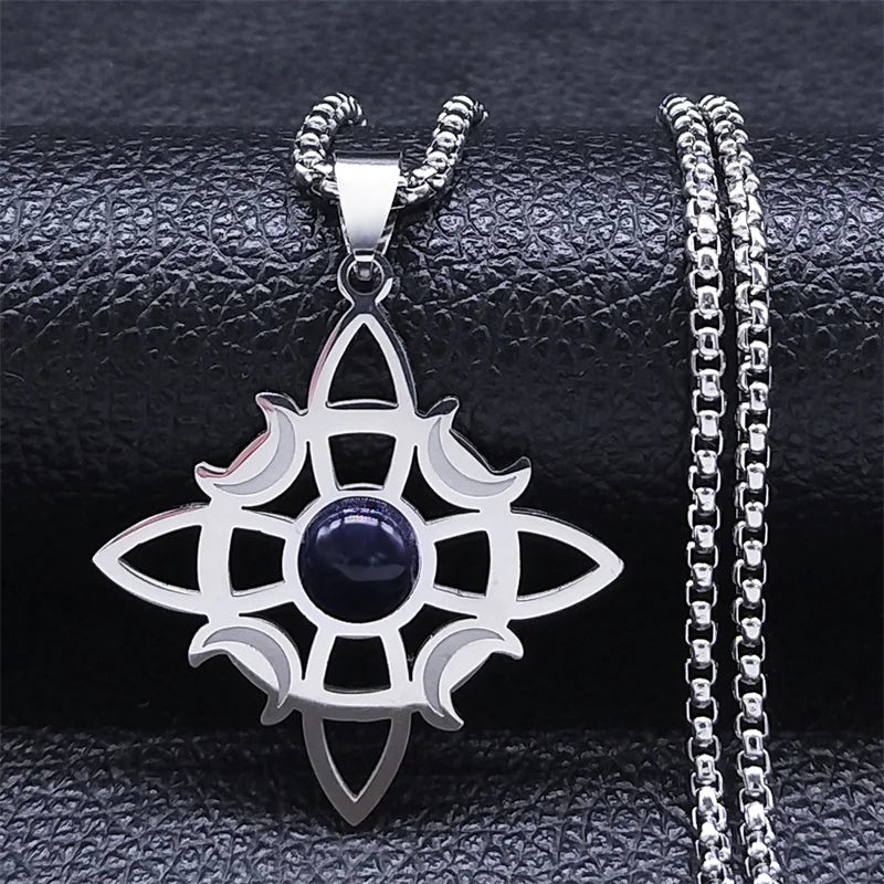 Stainless Steel Natural Stone Witch Amulet Wicca Celtic Knot Triple Moon Goddess Necklace