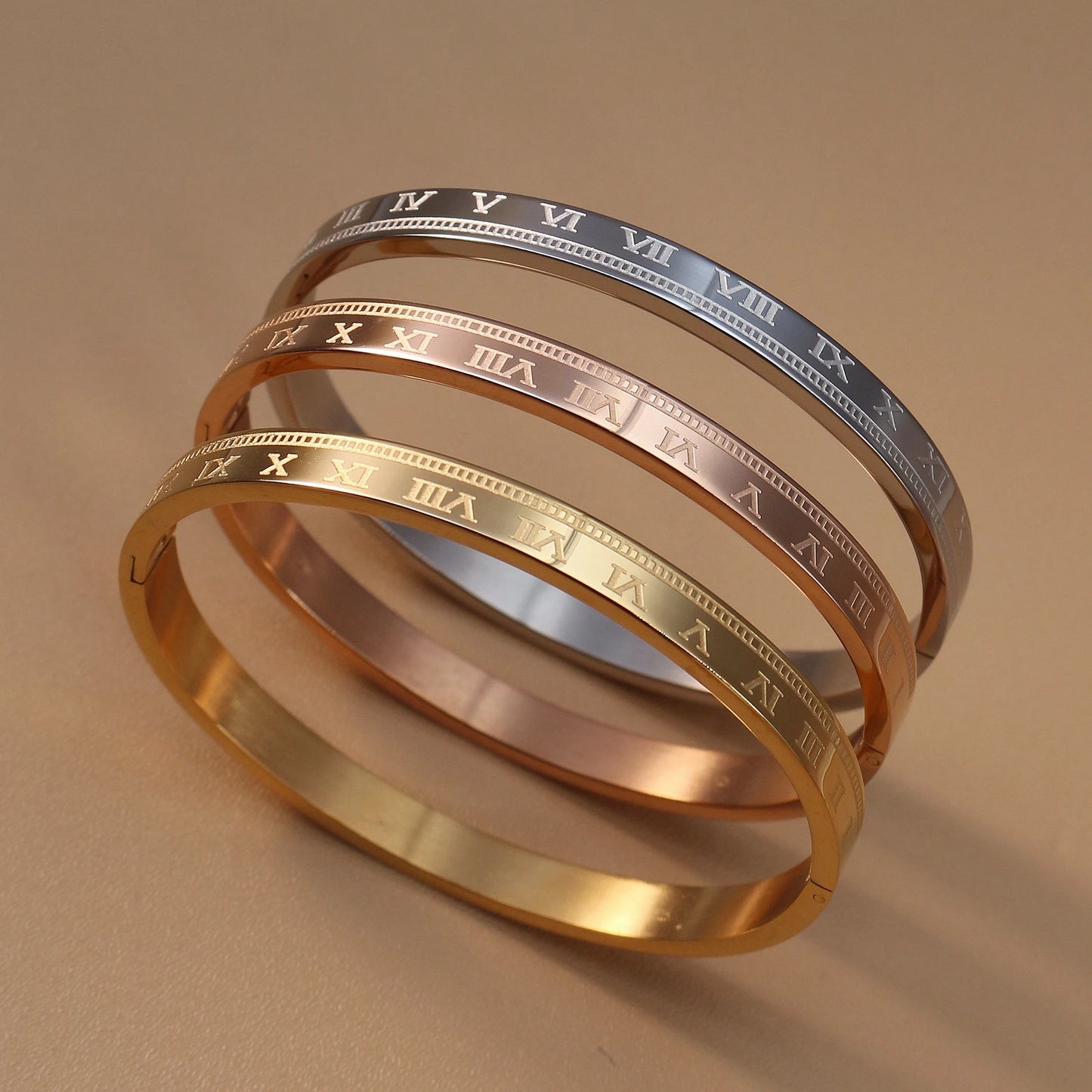 Women Roman Numeral 18k Gold Color Stainless Steel Zircon Bracelet Bangles