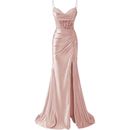 Lace Appliques Satin Prom Women w/ Slit Spaghetti Strap Backless Long Mermaid Evening Formal Dress Gown
