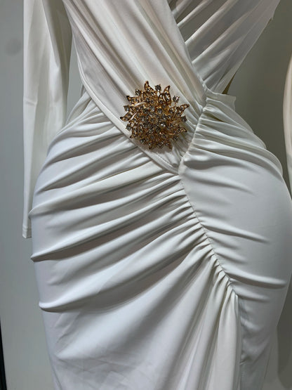 Sexy Long Sleeve V Neck Hollow Out Bodycon Cross Pleated High Split Maxi Club Party Evening Dress