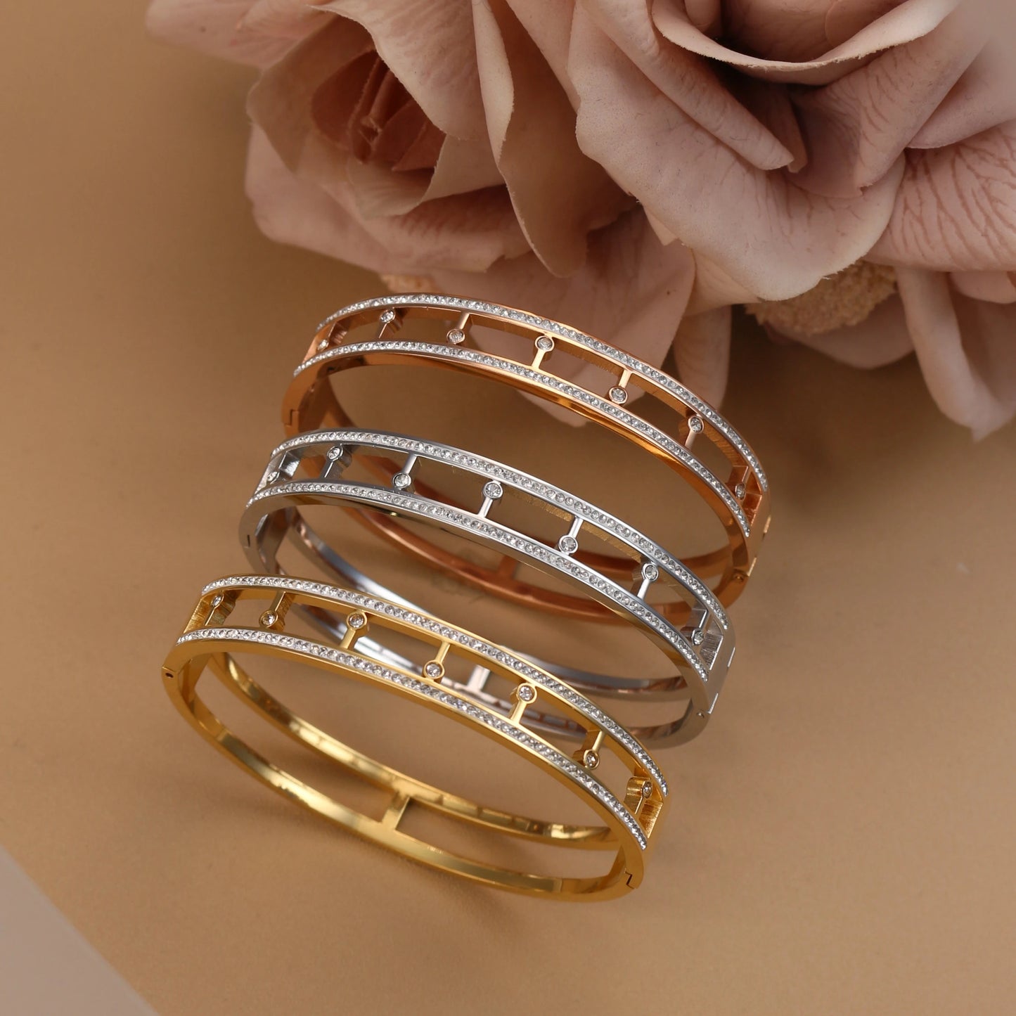 Women Stainless Steel Cross Small Zircon Round Charm Crystal Bangle Bracelet