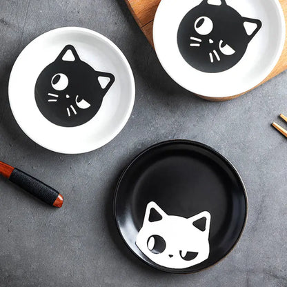 Ceramic Cartoon Cat Japanese Soy Sauce Vinegar Roast Meat Dip Round Snack Plate Bowl Dishes