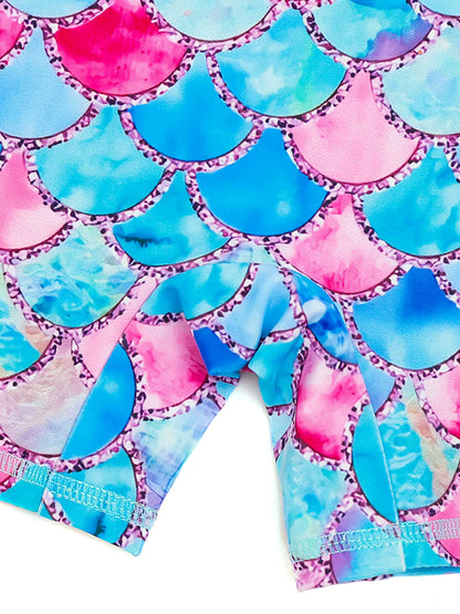 Girls Kids One-Piece Long Sleeve Sport 3D Scale Print Beach Boyleg Shorts Swimming Bathing Swimsuit Suit