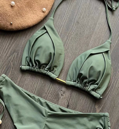 Solid Color Bikini Swimsuit Hanging Neck Rope Split Swimsuit 2-piece Beachwear Suit