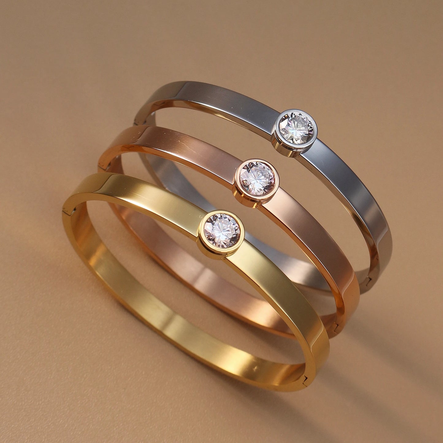 Women Roman Numeral 18k Gold Color Stainless Steel Zircon Bracelet Bangles