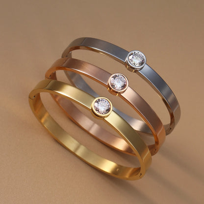 Women Roman Numeral 18k Gold Color Stainless Steel Zircon Bracelet Bangles
