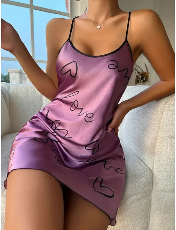 Heart Print Scoop Neck Criss Cross Women's Sleepwear Nightdress