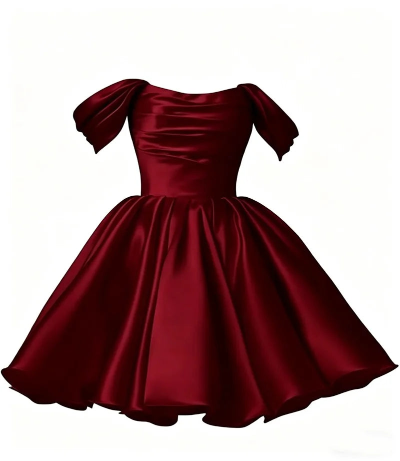 Women Off The Shoulder Satin Homecoming A Line Short Pleated Strapless Prom Evening Dress w/ Pockets