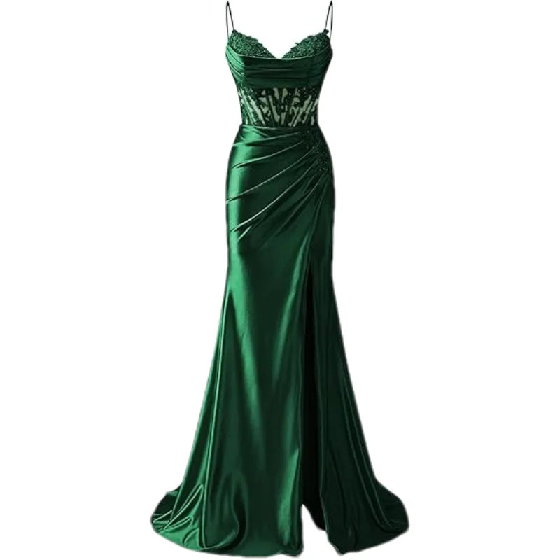 Lace Appliques Satin Prom Women w/ Slit Spaghetti Strap Backless Long Mermaid Evening Formal Dress Gown