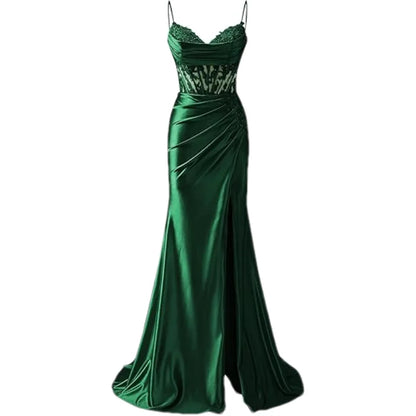 Lace Appliques Satin Prom Women w/ Slit Spaghetti Strap Backless Long Mermaid Evening Formal Dress Gown