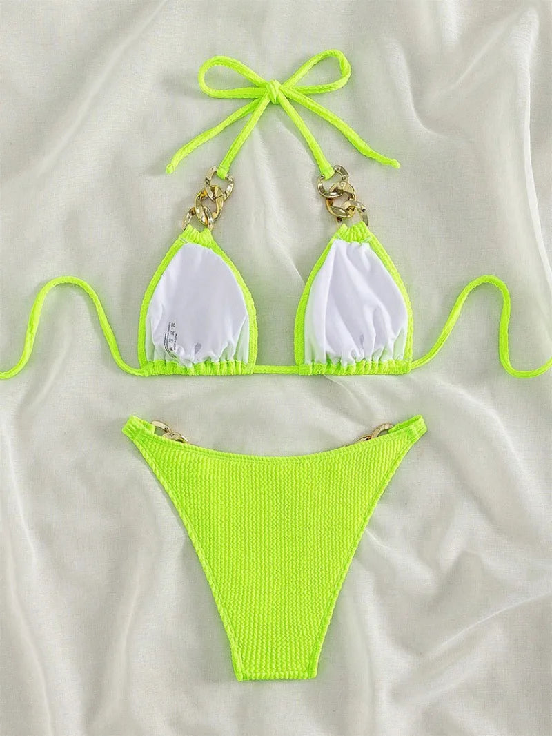 2pcs Women fluorescent green string metal tie halter bikini thong swimsuit Swimwear bathing suit