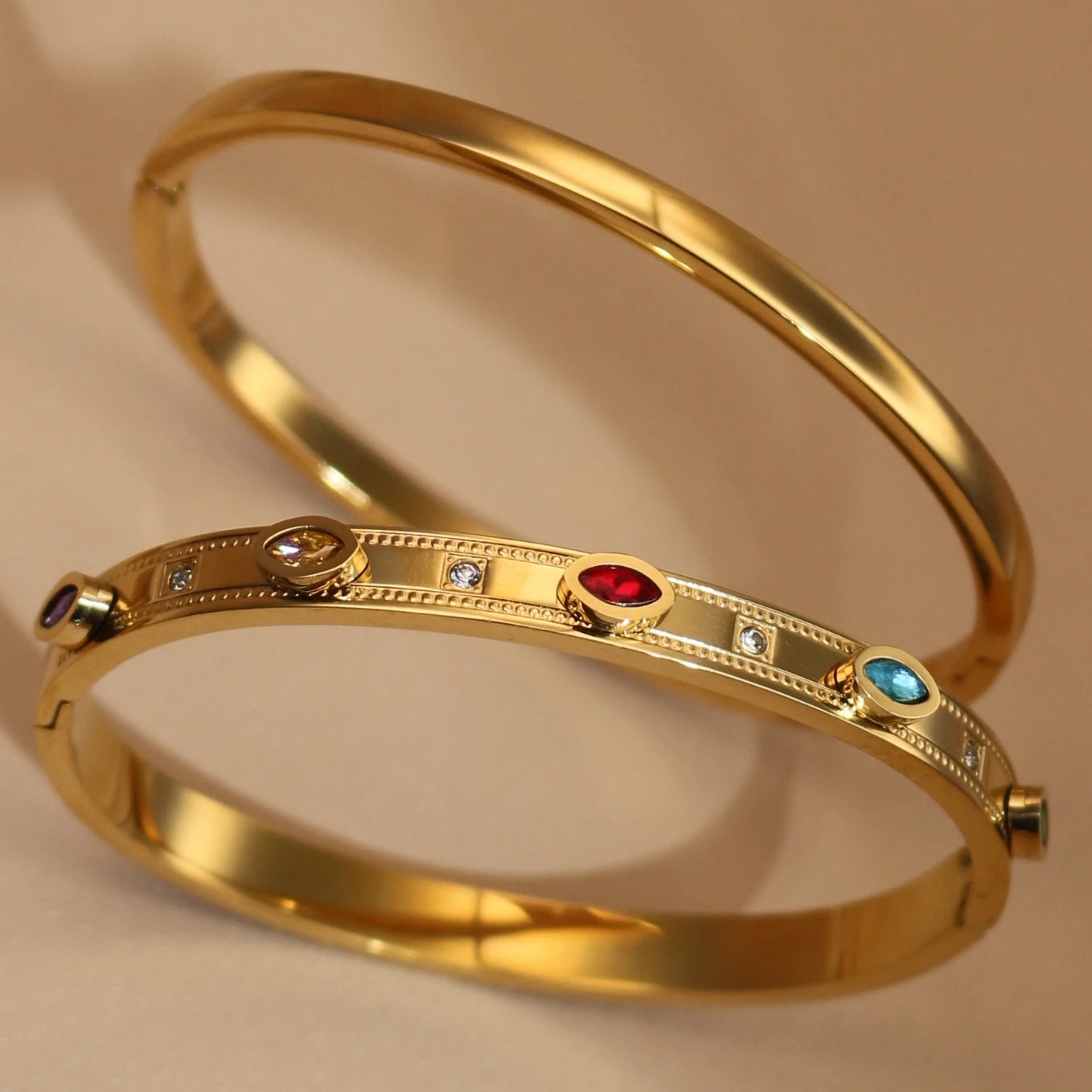 2-in-1 Women 18 K Gold Plated Zircon Stainless Steel Curved Bracelet Gift Bangle