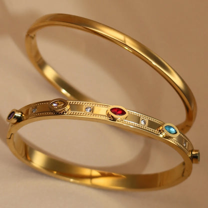 2-in-1 Women 18 K Gold Plated Zircon Stainless Steel Curved Bracelet Gift Bangle