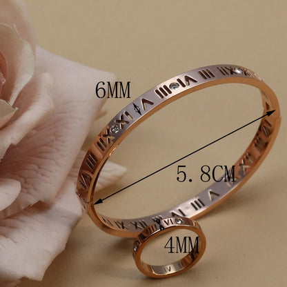 Stainless Steel 18K gold plated Roman Numeral Bracelet Bangles Ring 2-in-1 Jewelry