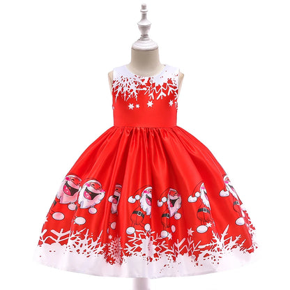 Kids Girls Princess Cartoon Santa Claus Snowflake Costume Xmas Party Print Dress