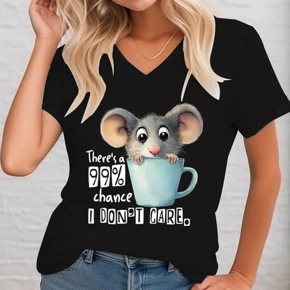 There's A 99% Chance I Don't Care Print Women Funny Humor Rabbit Animals Tops V-Neck Tees Shirt