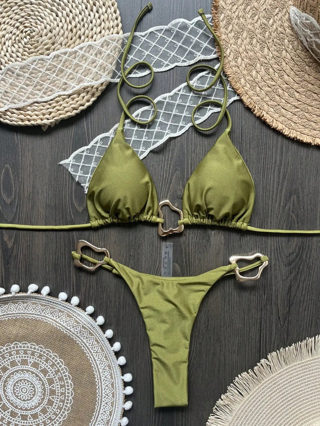 Women Bikini Solid Color Lace-up Split Two-piece Swimsuit Swimwear Suit