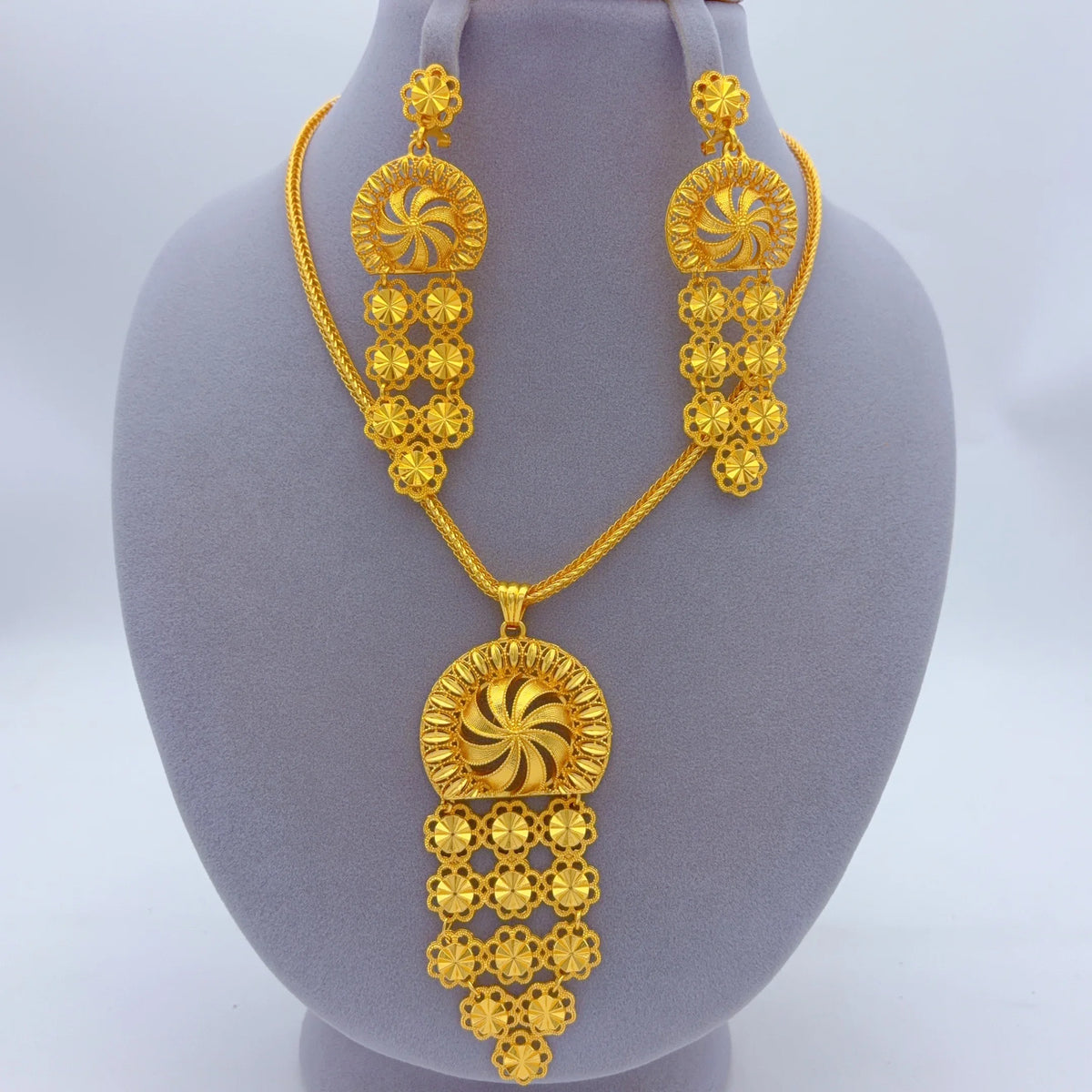 Indian Bridal Women African Dubai Gold Plated Long Wedding Party Necklace Earrings Jewelry Set