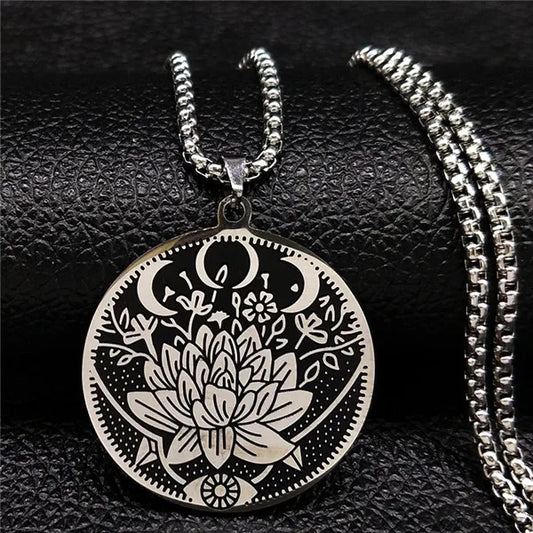 2024 Wicca Lotus Stainless Steel Black Silver Color Chain Pendant Necklace