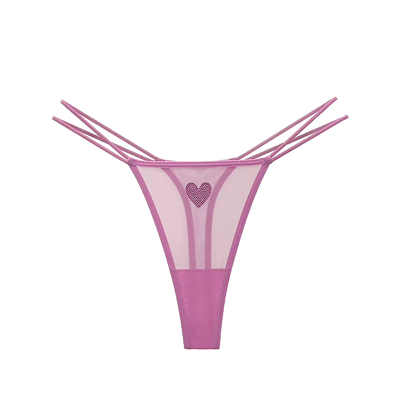 Women Lace Mesh Transparent Rhinestones Heart G-String T-Back Briefs Thong Panties Underwear