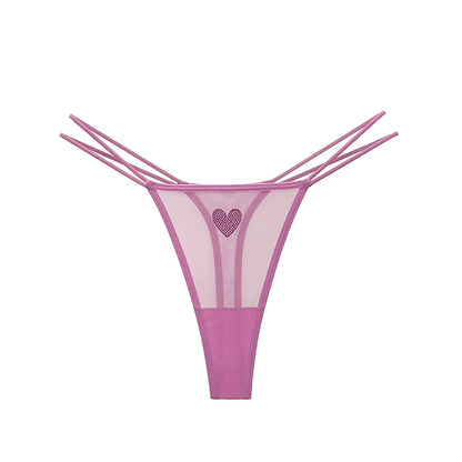 Women Lace Mesh Transparent Rhinestones Heart G-String T-Back Briefs Thong Panties Underwear