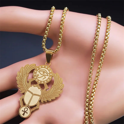 Key Of Life Egyptian Scarab Eye of Ra Horus Symbol Stainless Steel Gold Color Pendant Necklace