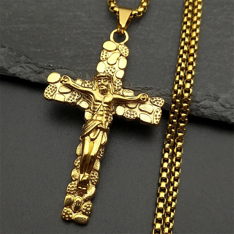 Men Women Gold Color Chain Amulet Stainless Steel Christian Jesus Crucifix Cross Pendants Necklace