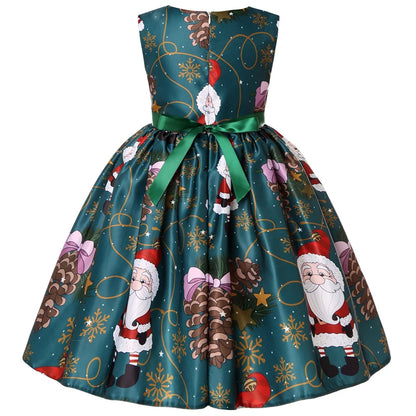 3-10Y Kids Girls Cartoon Santa Claus Snowman Christmas Tree Print Princess Party Costume Dress