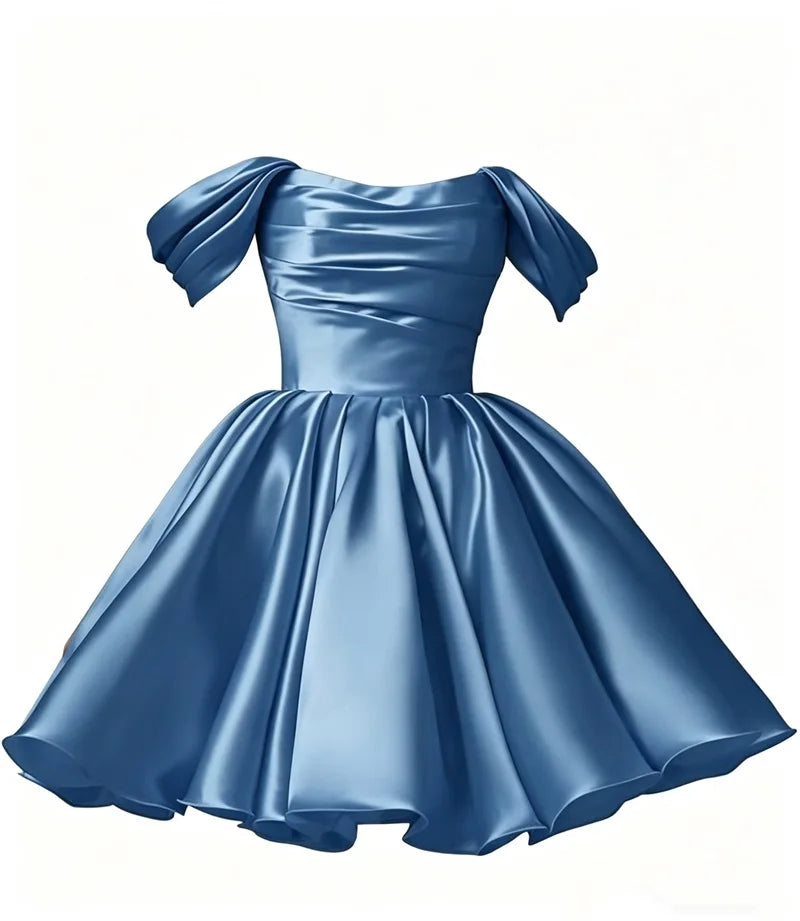 Women Off The Shoulder Satin Homecoming A Line Short Pleated Strapless Prom Evening Dress w/ Pockets