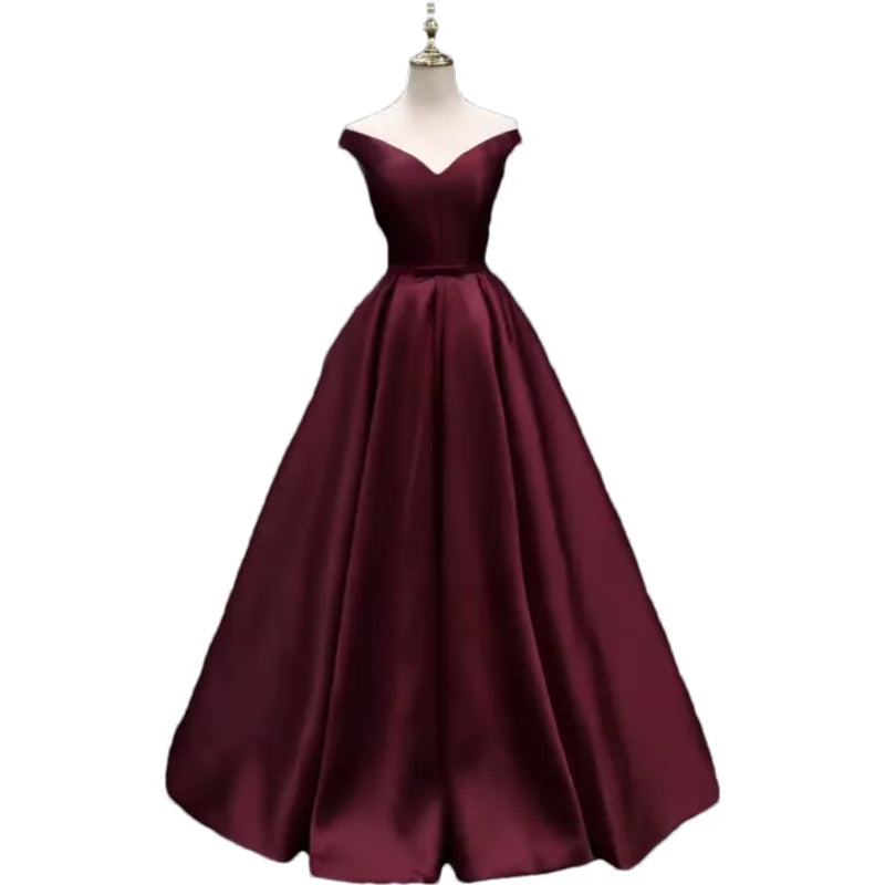 Off-Shoulder A-Line Satin Formal Women Prom Long Evening Party Gown Dress w/ Pockets