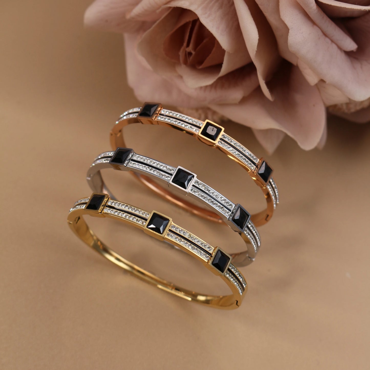 Stainless Steel Double Row Crystals Heart-Shaped Designs Open Clasp Charm Bangle Bracelet