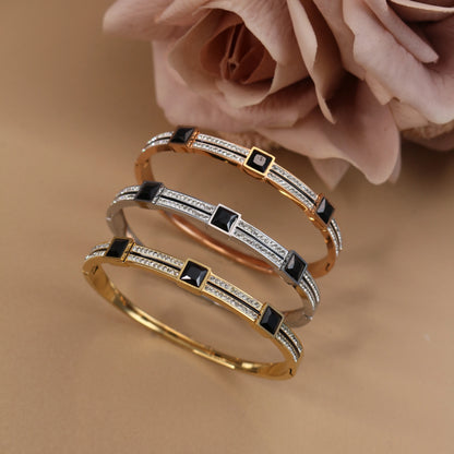 Stainless Steel Double Row Crystals Heart-Shaped Designs Open Clasp Charm Bangle Bracelet
