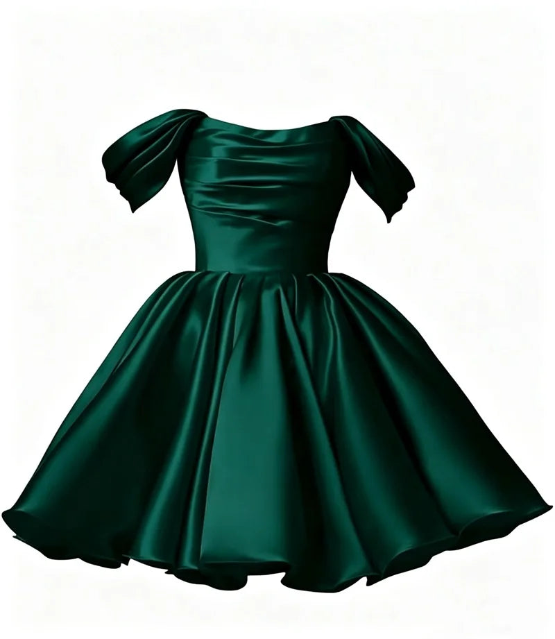 Women Off The Shoulder Satin Homecoming A Line Short Pleated Strapless Prom Evening Dress w/ Pockets