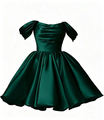 Women Off The Shoulder Satin Homecoming A Line Short Pleated Strapless Prom Evening Dress w/ Pockets