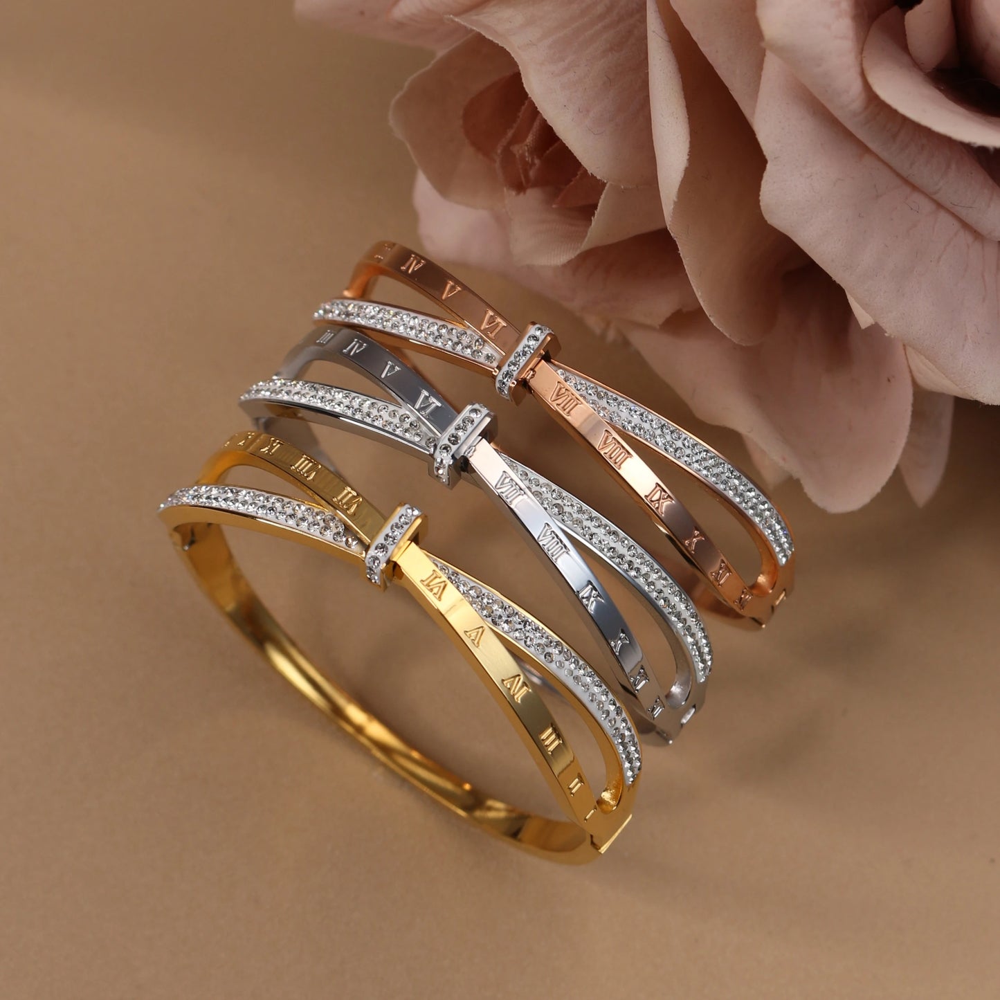 Love Charm 18k Gold Stainless Steel Crystal Cross Roman Numerals Bangle Bracelet