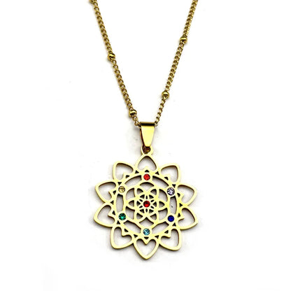 Sacred Geometry 7 Chakra Metatron Stainless Steel Flower of Life Gold Color Chain Necklace