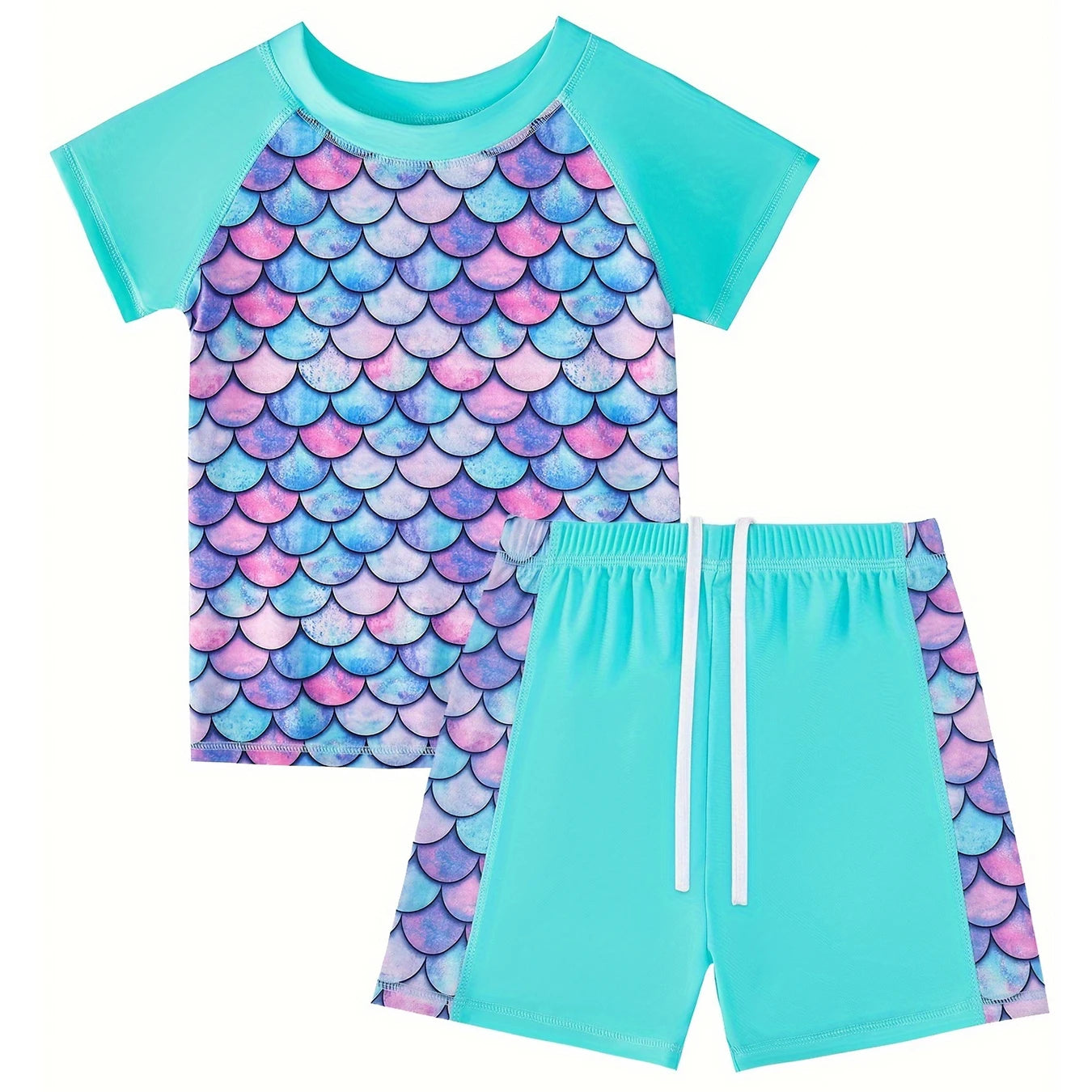 2pcs Kids Girls Short Sleeve Tops Swim Shorts Scale Print Patchwork Beach Bathing Swimwear