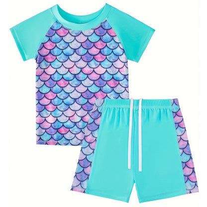 2pcs Kids Girls Short Sleeve Tops Swim Shorts Scale Print Patchwork Beach Bathing Swimwear