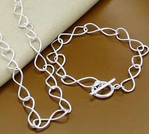 925 Sterling Silver Simple 8 Chain Women Wedding Engagement Party Necklace Bracelets Set