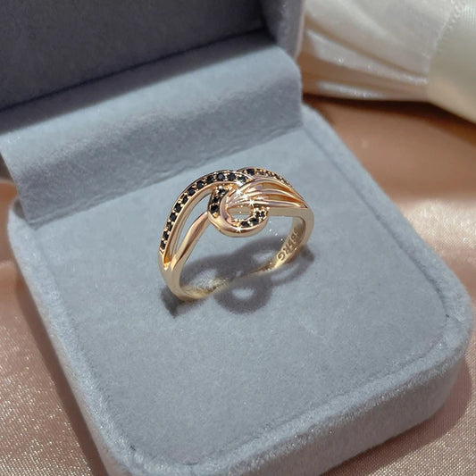 Women Classic Hollow Black Natural Zircon Russian Design 585 Gold Color Wedding Rings