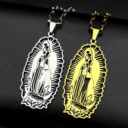 Women Men Stainless Steel Gold Color Our Lady of Guadalupe Hollow Catholic Virgin Mary Pendant Necklace