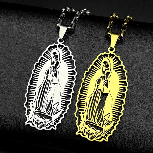 Women Men Stainless Steel Gold Color Our Lady of Guadalupe Hollow Catholic Virgin Mary Pendant Necklace