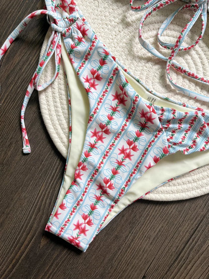 Women's Swimsuit Two-piece Print Beaded Bikini Swimwear Triangle Bathing Brazilian Suit