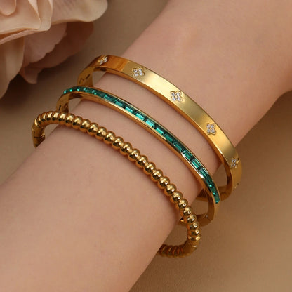 Women 18k Gold Plated Stainless Steel Green Zircon Bangles Bracelet Set Gift.